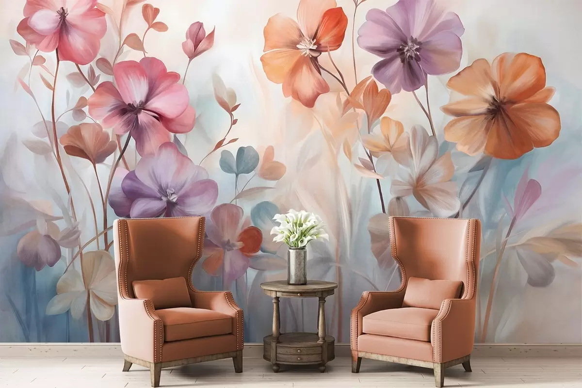 wall murals Текстурни цветни аранжман са ружичастим, љубичастим и наранџастим цветовима са зеленим стабљикама и листовима, нежне пастелне боје w09486