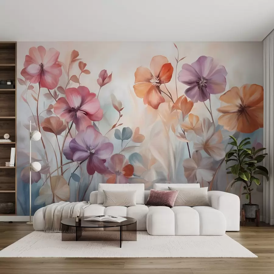 wall murals Текстурни цветни аранжман са ружичастим, љубичастим и наранџастим цветовима са зеленим стабљикама и листовима, нежне пастелне боје w09486