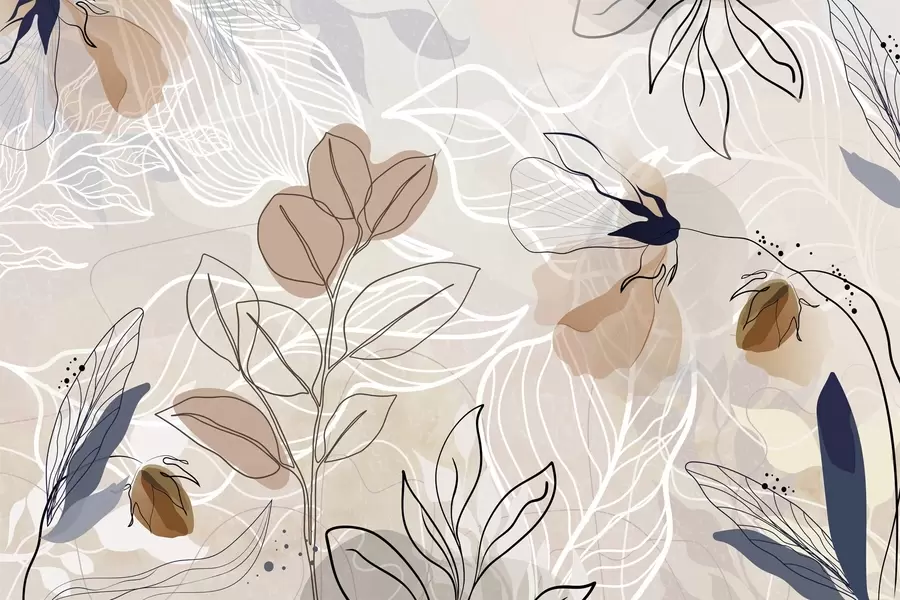 wall murals Беж апстрактна позадина са лишћем и цвећем, линијском уметношћу, модерним, минималистичким, органским облицима, ботаничким принтом w09487
