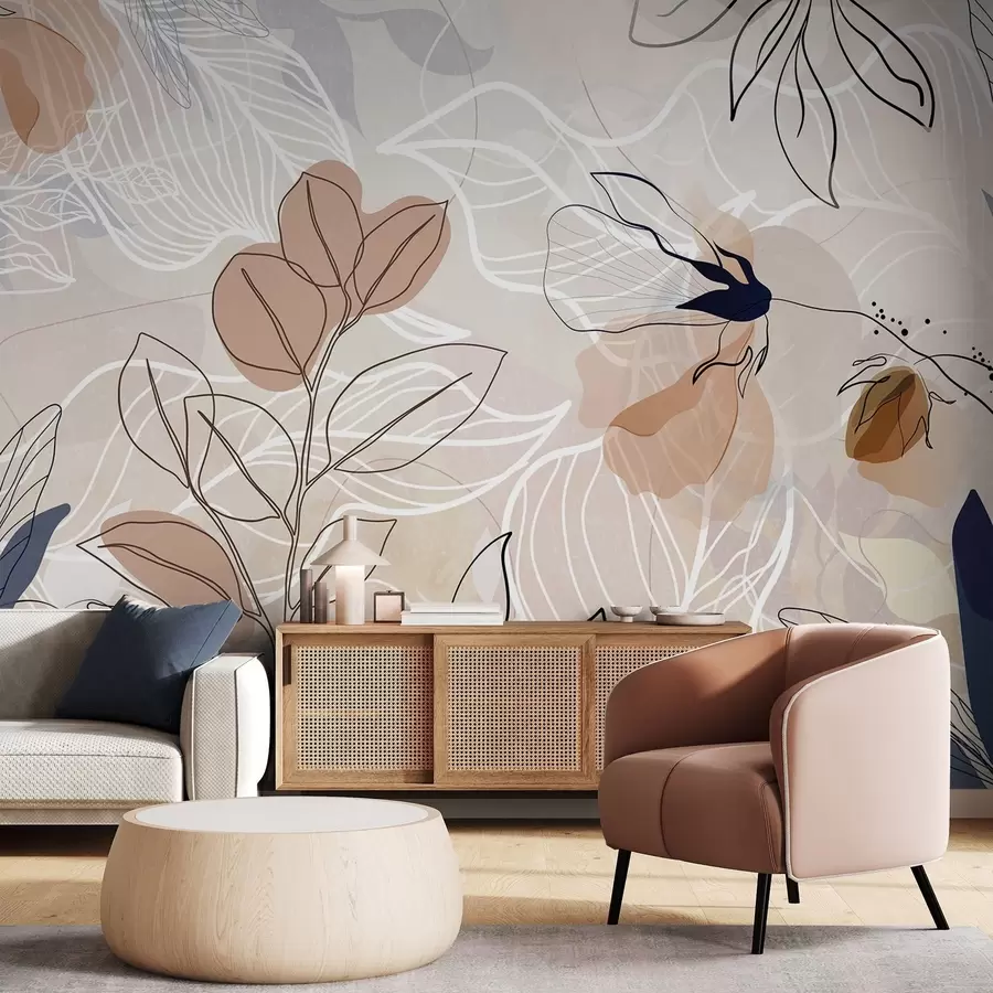 wall murals Беж апстрактна позадина са лишћем и цвећем, линијском уметношћу, модерним, минималистичким, органским облицима, ботаничким принтом w09487