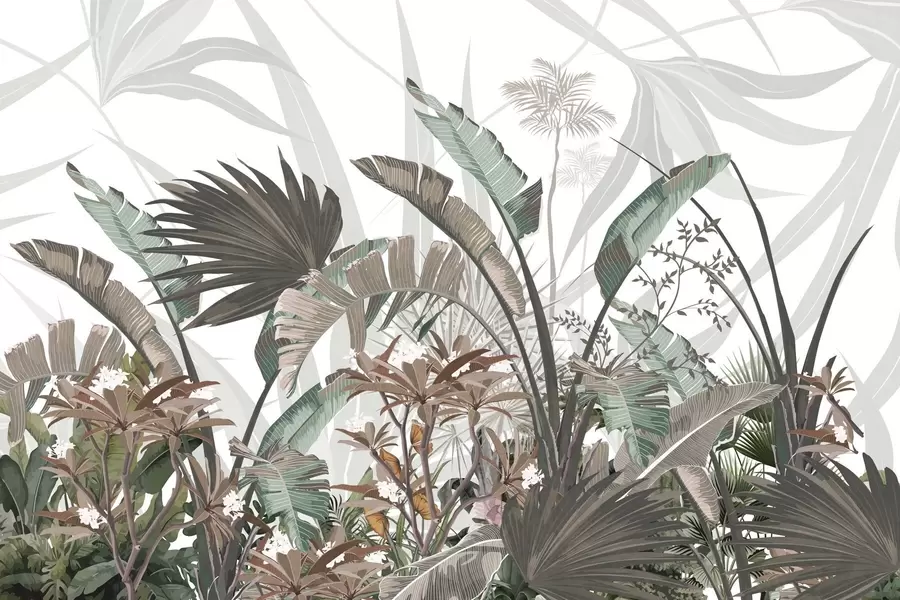 wall murals Тропско текстурирано лишће са цвећем, палмама, цветовима плумерије, пастелним бојама, белом позадином, џунглом w09488