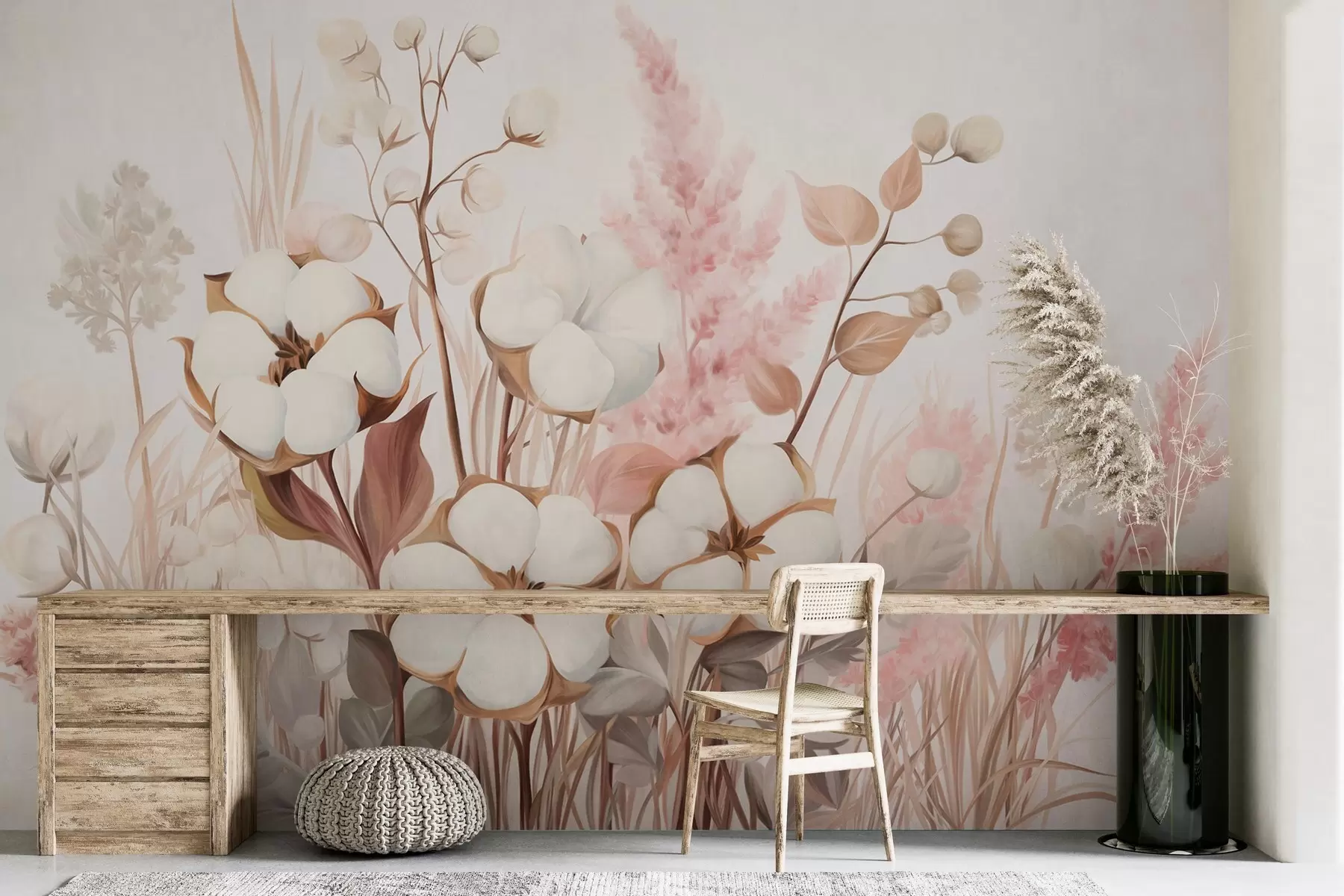 wall murals Памучно текстурирано цвеће са белом и ружичастом пампас травом, беж и смеђим листовима и биљем, белом позадином w09489