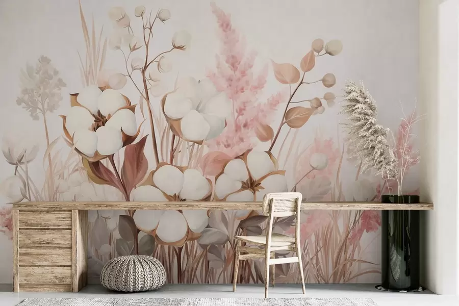 wall murals Памучно текстурирано цвеће са белом и ружичастом пампас травом, беж и смеђим листовима и биљем, белом позадином w09489