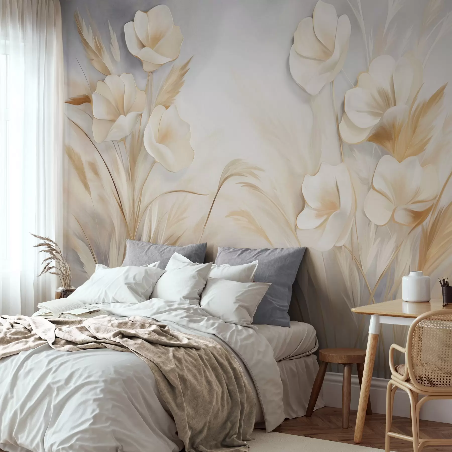 wall murals Бело цвеће, беж трска и пампас трава, текстурирано, елегантно, минималистички стил, апстрактна позадина пејзажа w09490
