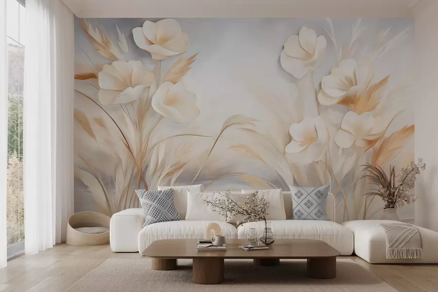 wall murals Бело цвеће, беж трска и пампас трава, текстурирано, елегантно, минималистички стил, апстрактна позадина пејзажа w09490