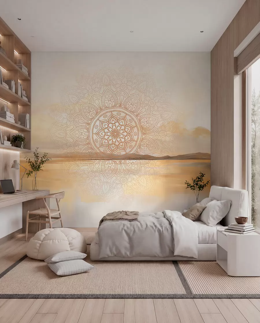 wall murals Текстурирани симетрични дизајн мандале који прекрива пејзаж са морем, брдима и небом, меке пастелне боје w09491