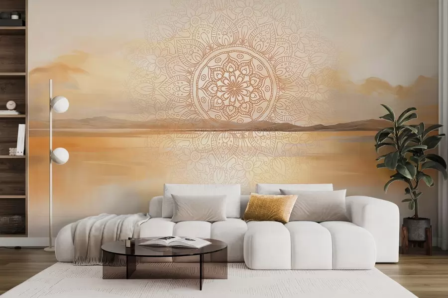 wall murals Текстурирани симетрични дизајн мандале који прекрива пејзаж са морем, брдима и небом, меке пастелне боје w09491