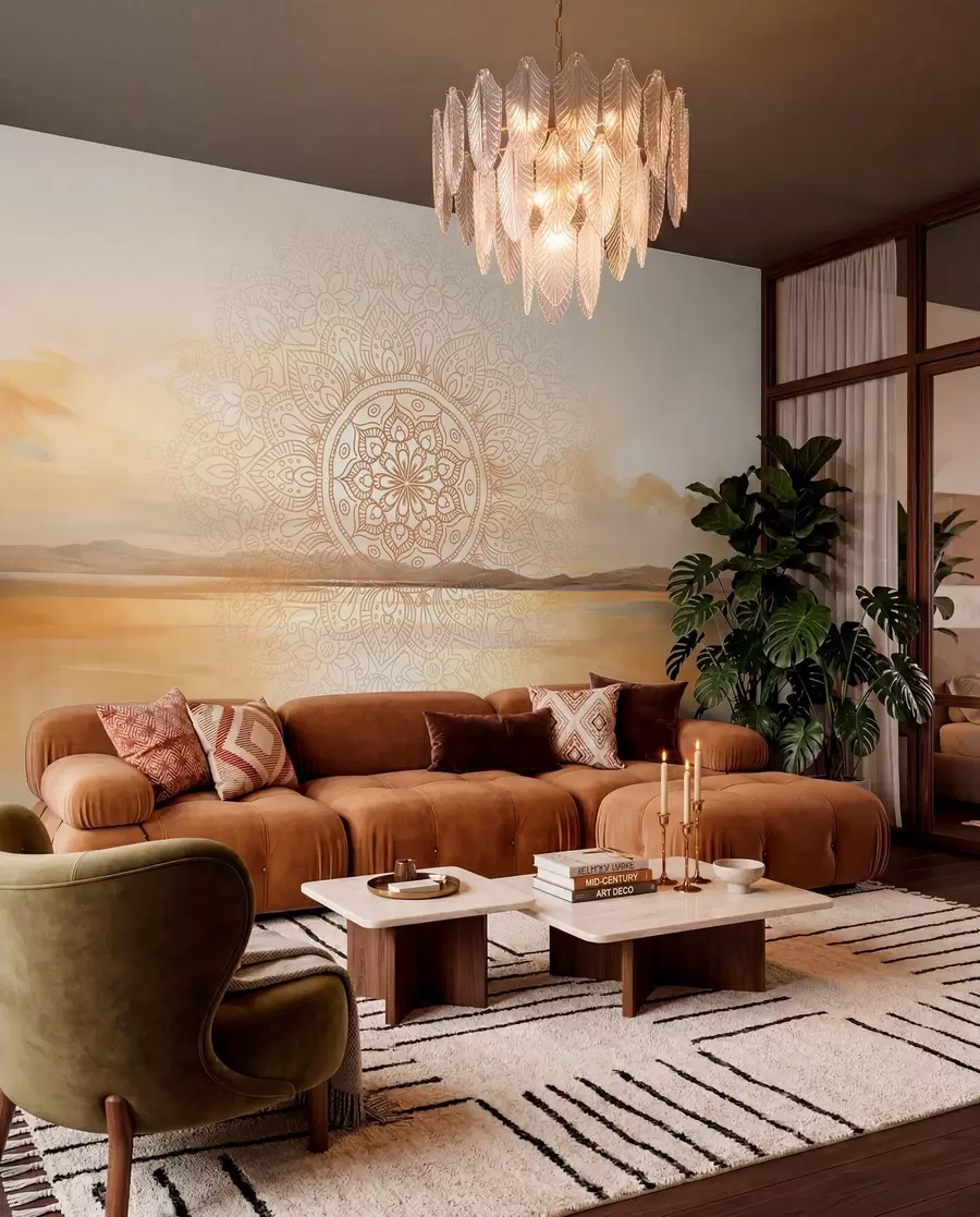 wall murals Текстурирани симетрични дизајн мандале који прекрива пејзаж са морем, брдима и небом, меке пастелне боје w09491