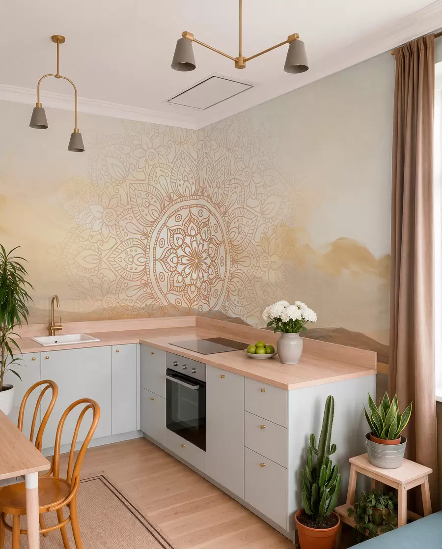 wall murals Текстурирани симетрични дизајн мандале који прекрива пејзаж са морем, брдима и небом, меке пастелне боје w09491