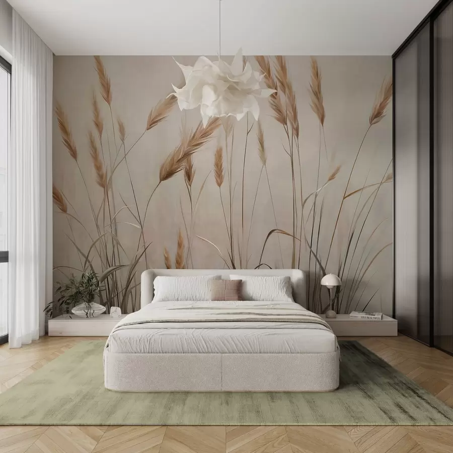 wall murals Пшенично текстурирано поље са жутим класјевима зрна, беж позадина, природно осветљење, топли тонови, детаљни потези четкицом w09493