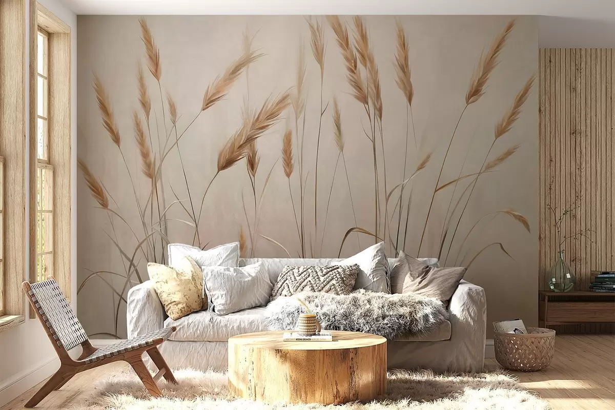 wall murals Пшенично текстурирано поље са жутим класјевима зрна, беж позадина, природно осветљење, топли тонови, детаљни потези четкицом w09493