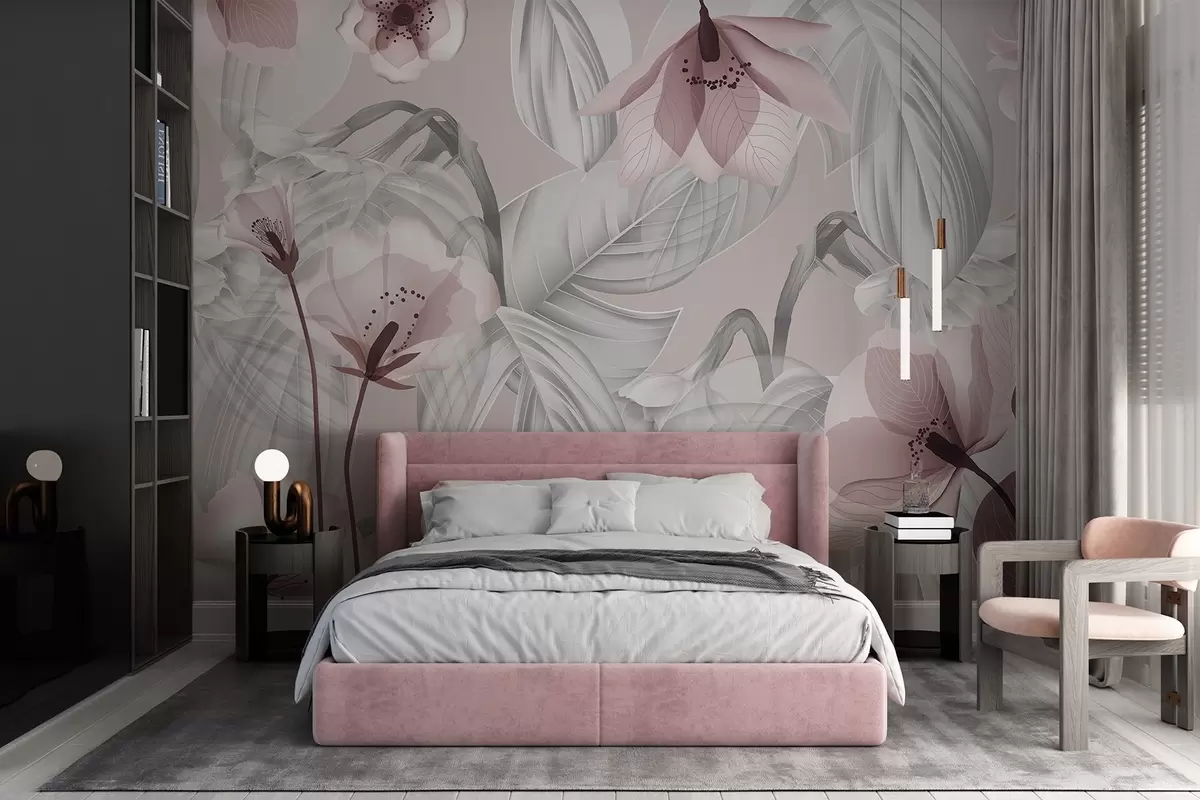 wall murals Ружичасти цветови и сиви листови, цветна ботаничка позадина, елегантан дизајн, меке боје, лагани нежни детаљи w09497