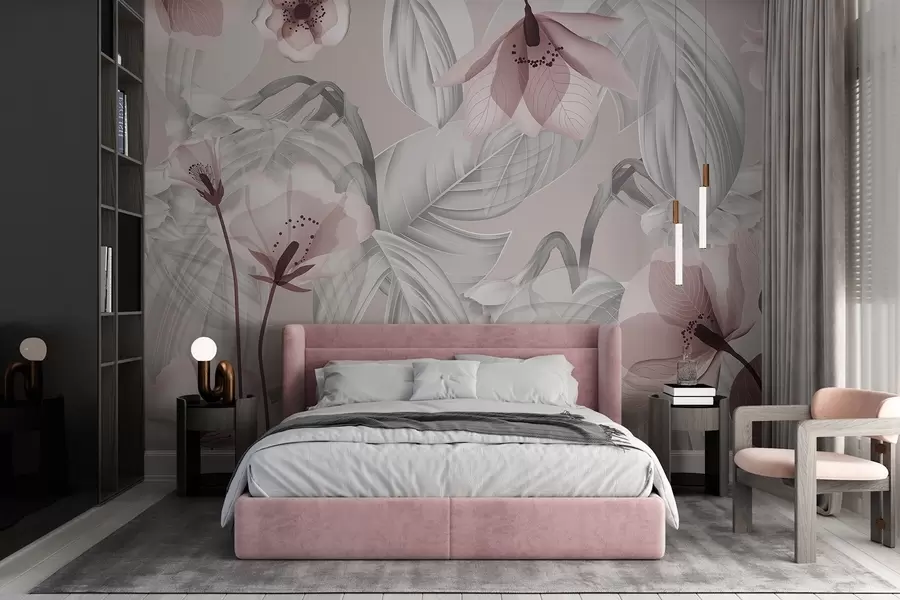 wall murals Ружичасти цветови и сиви листови, цветна ботаничка позадина, елегантан дизајн, меке боје, лагани нежни детаљи w09497