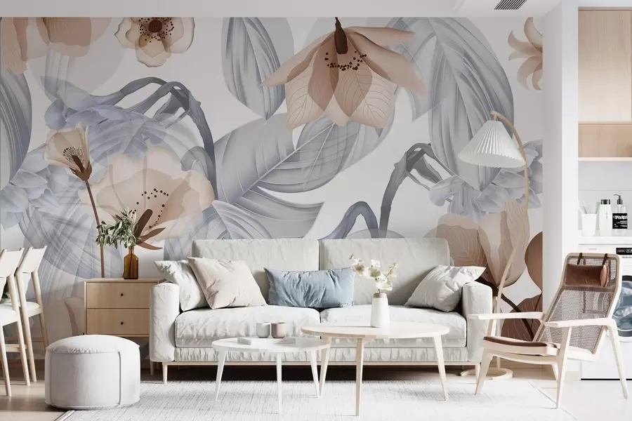 wall murals Смеђе цвеће и сиво лишће, цветна ботаничка позадина, елегантан дизајн, меке боје, лагани нежни детаљи w09497v1