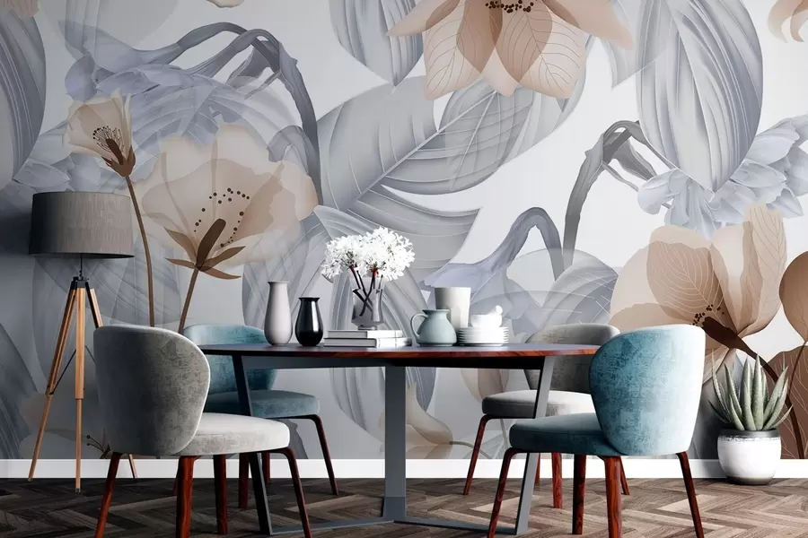 wall murals Смеђе цвеће и сиво лишће, цветна ботаничка позадина, елегантан дизајн, меке боје, лагани нежни детаљи w09497v1