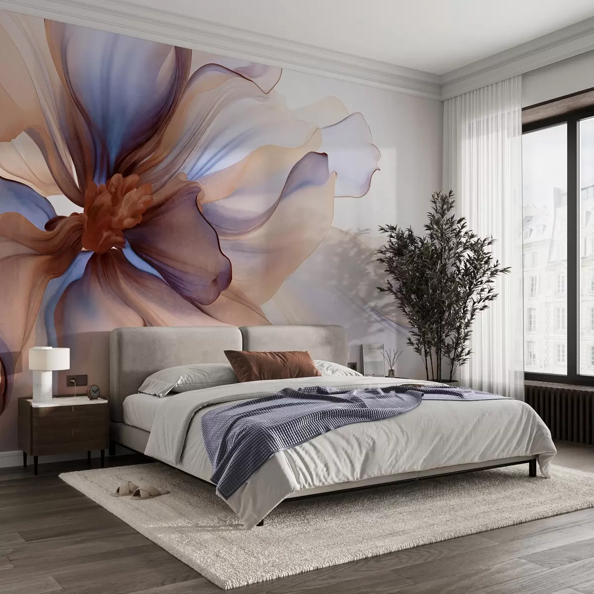 wall murals Детаљан велики текстурирани цвет са белим, плавим и смеђим латицама, на белој позадини w09498