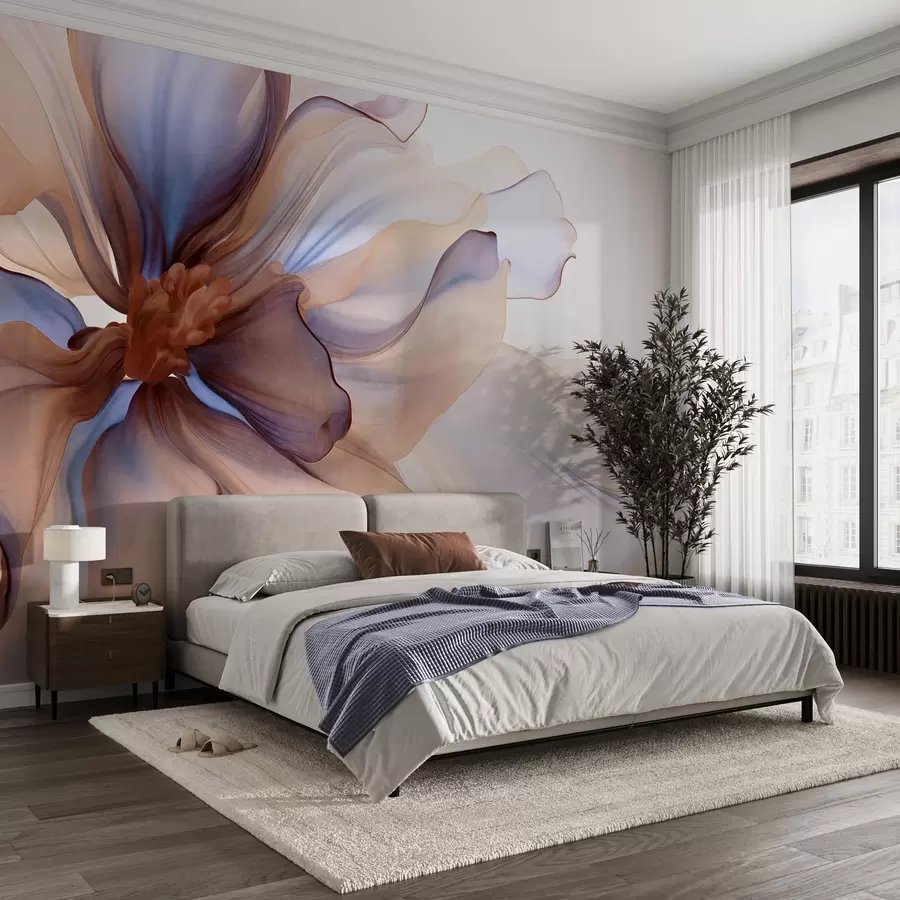 wall murals Детаљан велики текстурирани цвет са белим, плавим и смеђим латицама, на белој позадини w09498