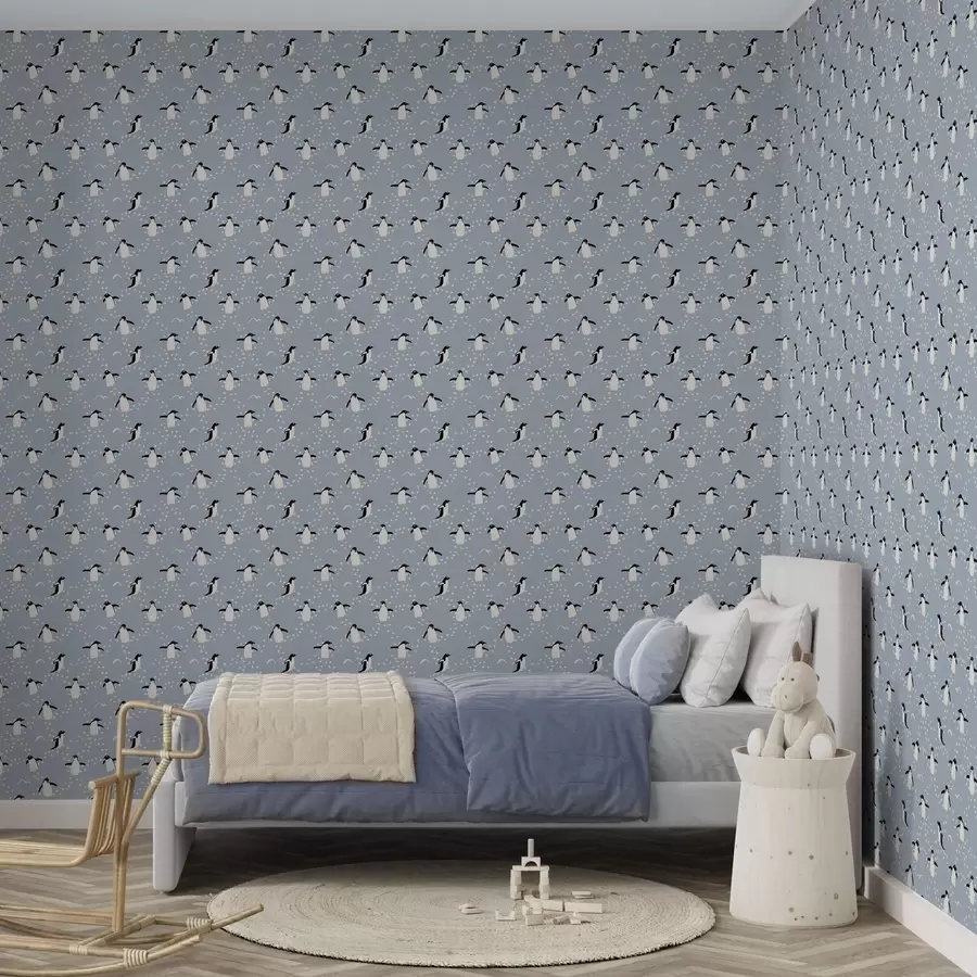 wall murals Пингвини на сиво-плавој боји са отисцима стопала a00655