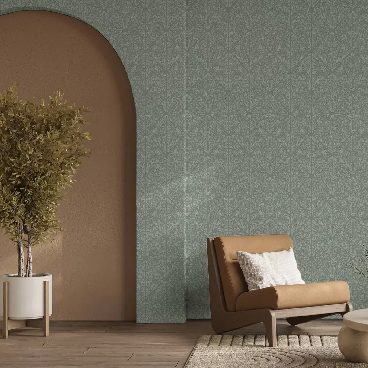 Позадина Ботанички дамаск на менто-маслинастој позадини a00815