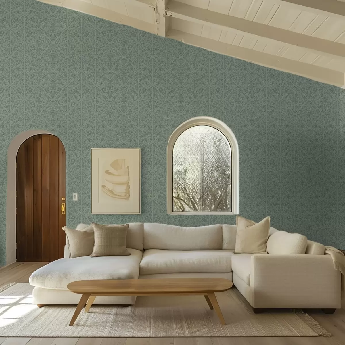 Позадина Фини ботанички дамаск у пригушеној зеленој боји a00815v1