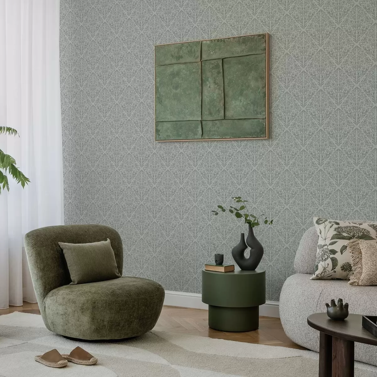 Позадина Ботанички дамаск у светло сивој боји са меким обрисом a00815v2