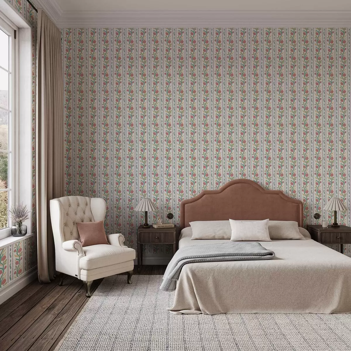 Позадина Вертикалне пруге са коралним цветовима и тиркизним листовима a00816