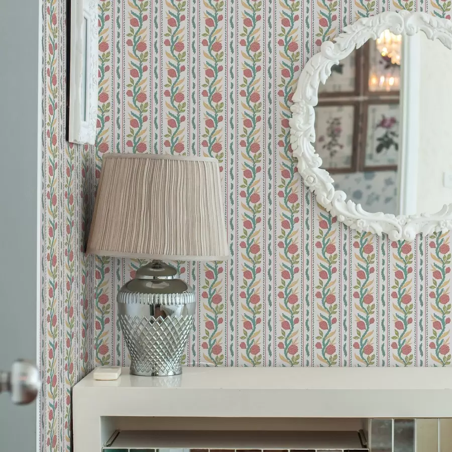 wall murals Вертикалне пруге са коралним цветовима и тиркизним листовима a00816