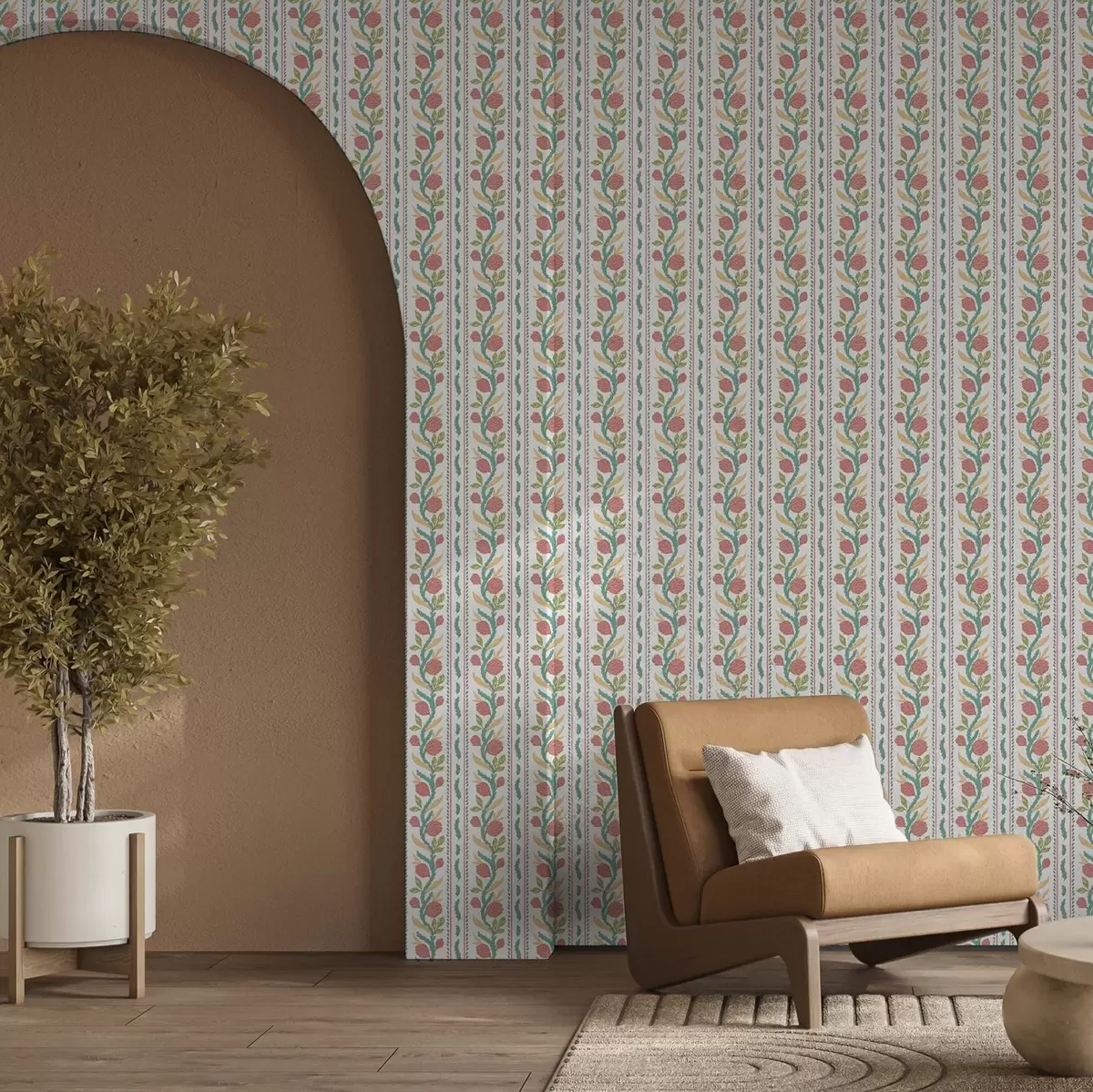 Позадина Вертикалне пруге са коралним цветовима и тиркизним листовима a00816