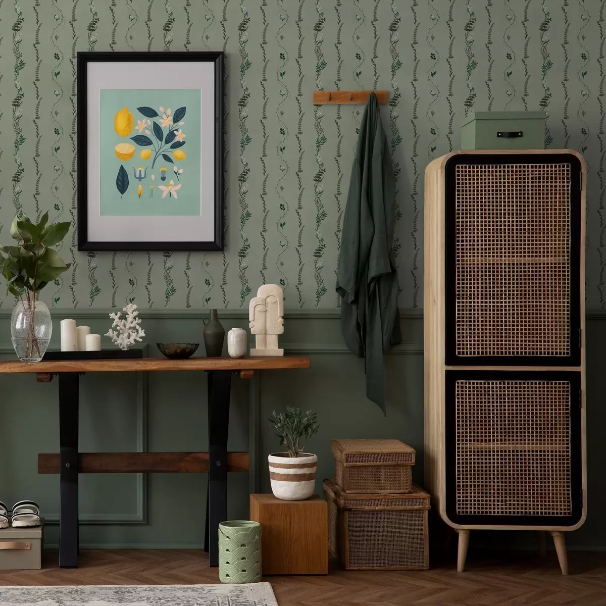 Позадина Вертикалне лозе и гранчице на пригушеној зеленој боји a00817v1