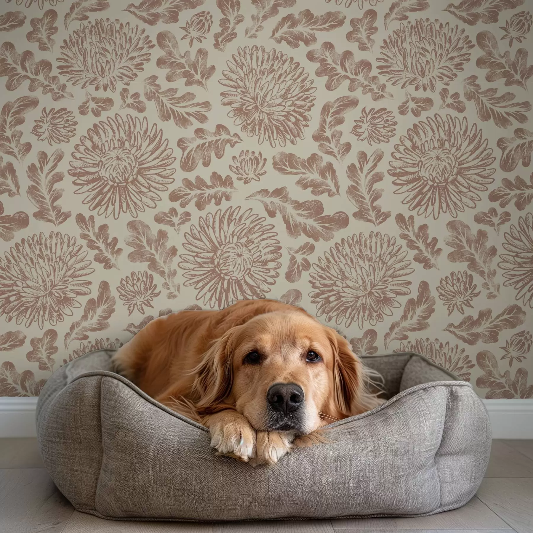 wall murals Хризантеме и храстово лишће у мекој беж-смеђој боји a00840