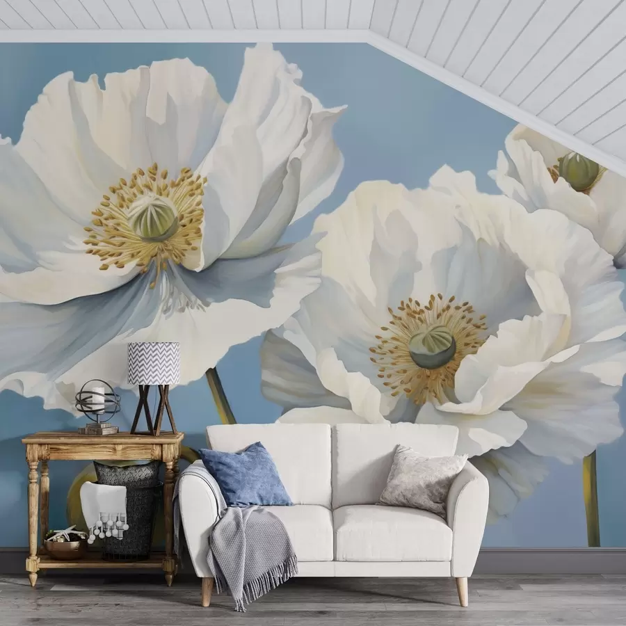 wall murals Бели макови са великим латицама на небеско плавој позадини w04786