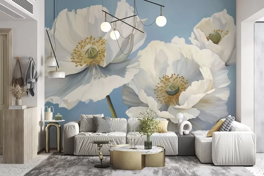 wall murals Бели макови са великим латицама на небеско плавој позадини w04786