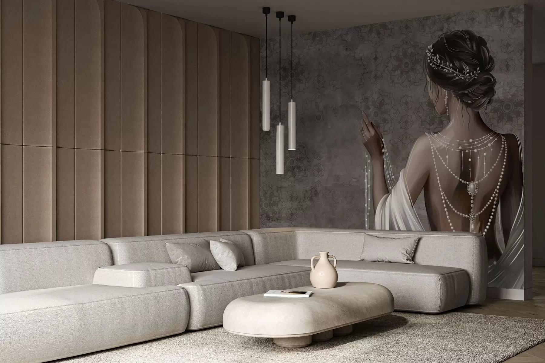 wall murals Жена виђена одострага са бисерима, позадина са сивим узорком камена w04854