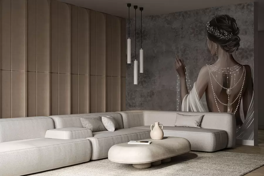 wall murals Жена виђена одострага са бисерима, позадина са сивим узорком камена w04854