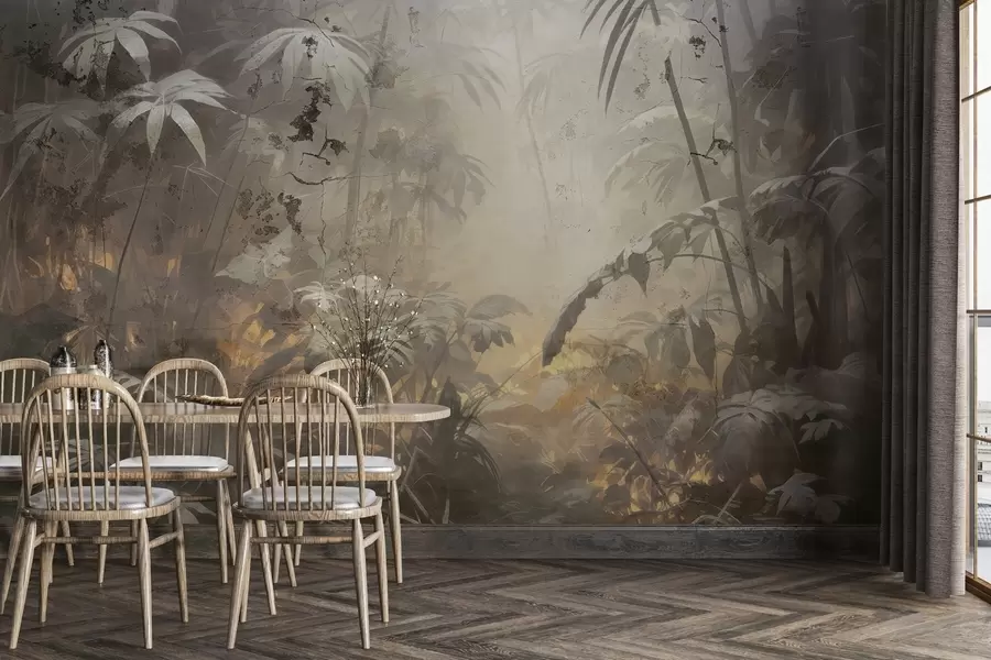 wall murals Осликана џунгла иза гранџ бетонског зида w04833