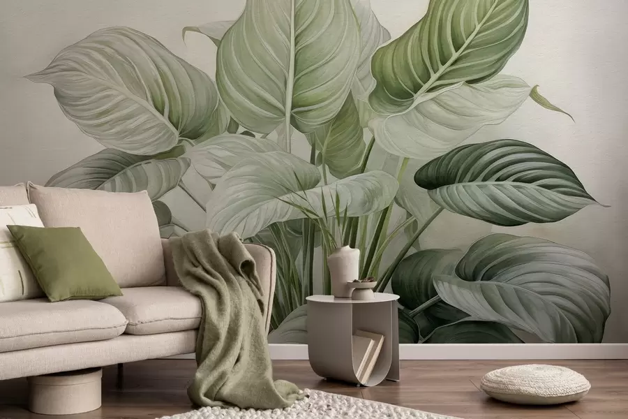 wall murals Бујни грм зеленог лишћа на зиду w04835