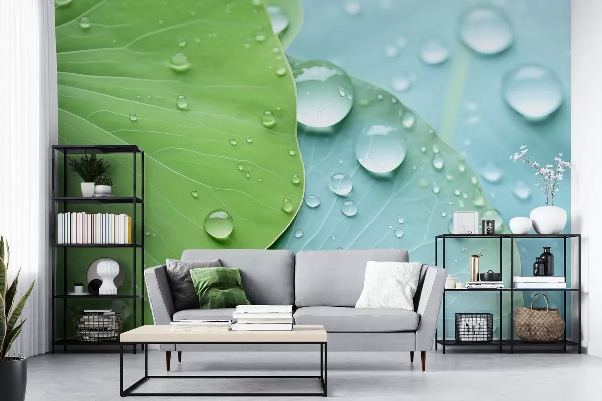 wall murals Капи воде на листовима макро акварел w04838