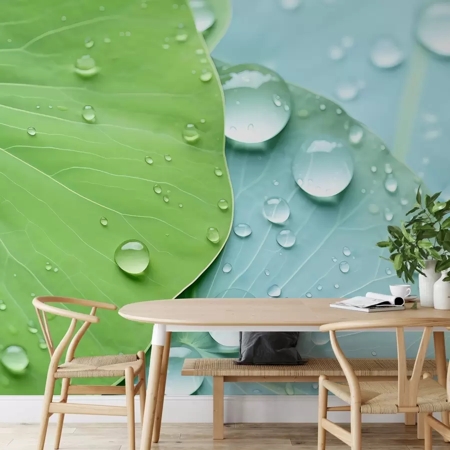 wall murals Капи воде на листовима макро акварел w04838