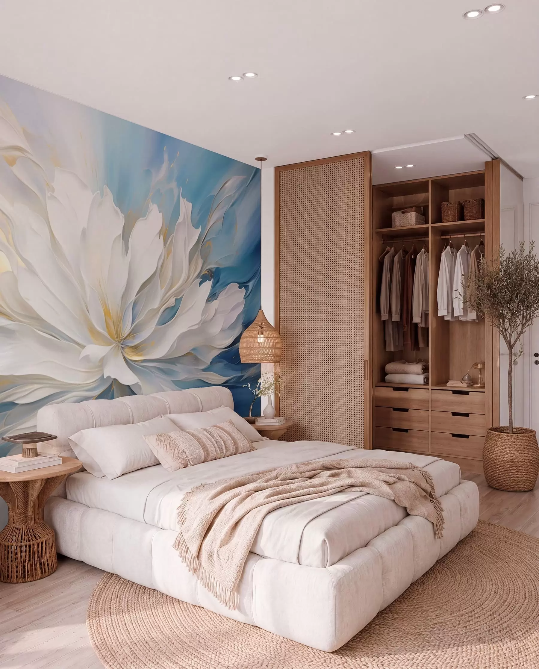 wall murals Велики бели божур у стилу уљаног сликарства на плаво-жутој позадини w09511