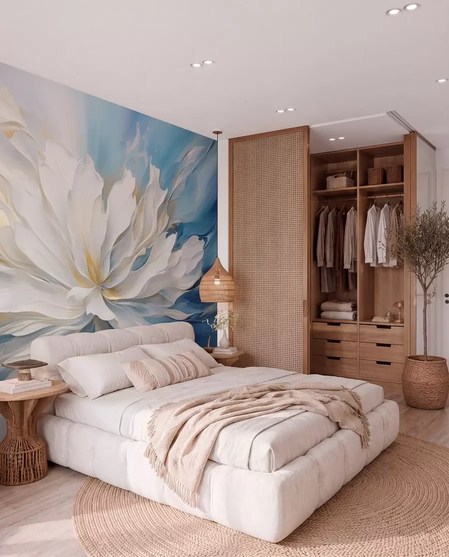 wall murals Велики бели божур у стилу уљаног сликарства на плаво-жутој позадини w09511