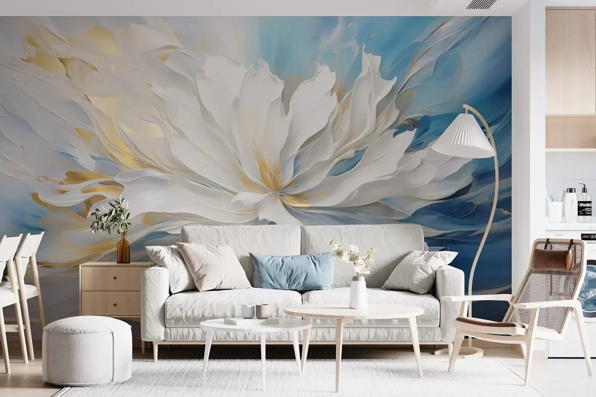 wall murals Велики бели божур у стилу уљаног сликарства на плаво-жутој позадини w09511