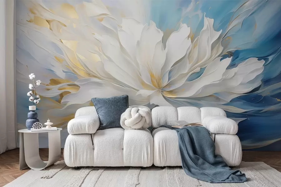 wall murals Велики бели божур у стилу уљаног сликарства на плаво-жутој позадини w09511