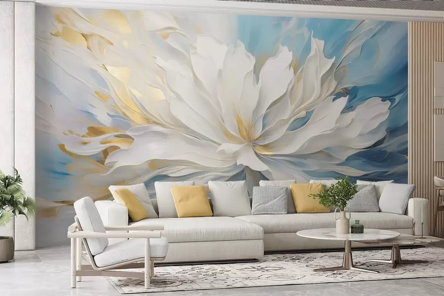 wall murals Велики бели божур у стилу уљаног сликарства на плаво-жутој позадини w09511