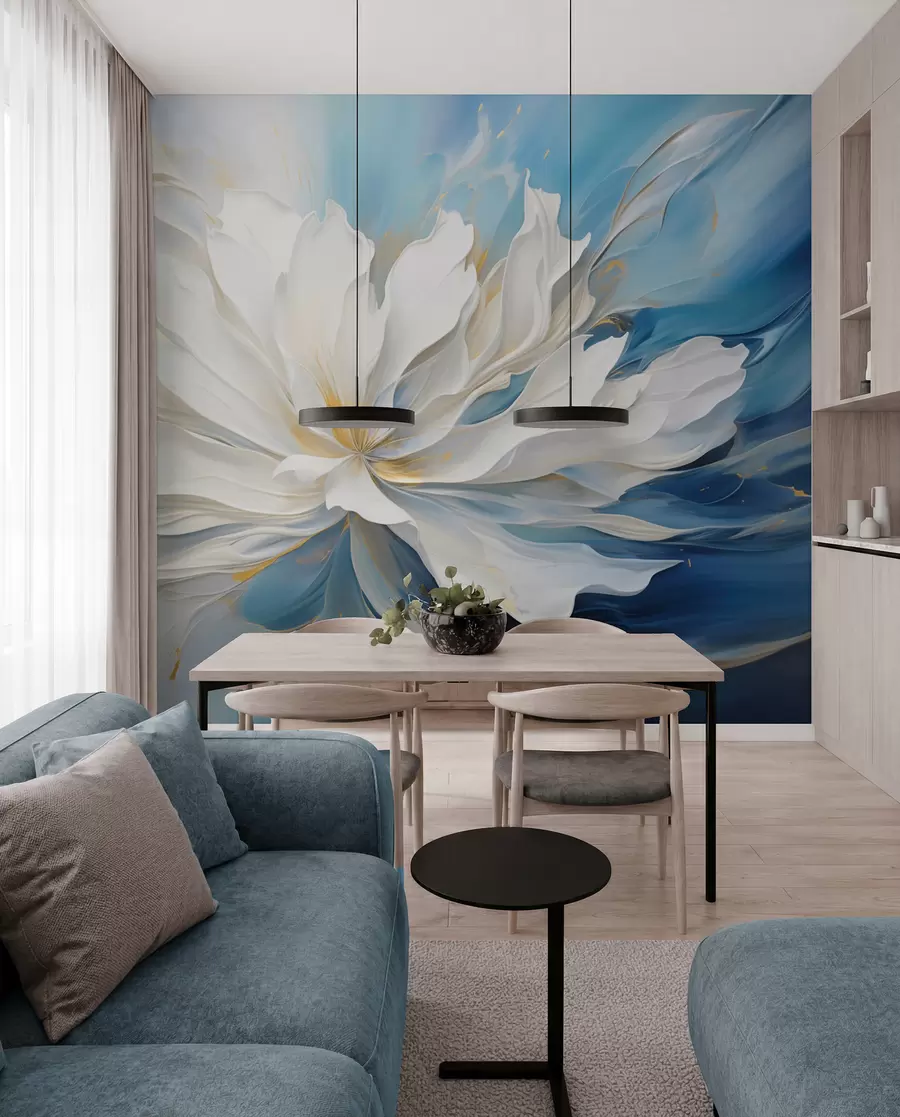 wall murals Велики бели божур у стилу уљаног сликарства на плаво-жутој позадини w09511