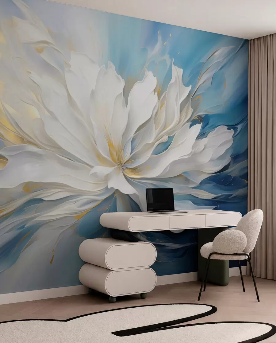 wall murals Велики бели божур у стилу уљаног сликарства на плаво-жутој позадини w09511