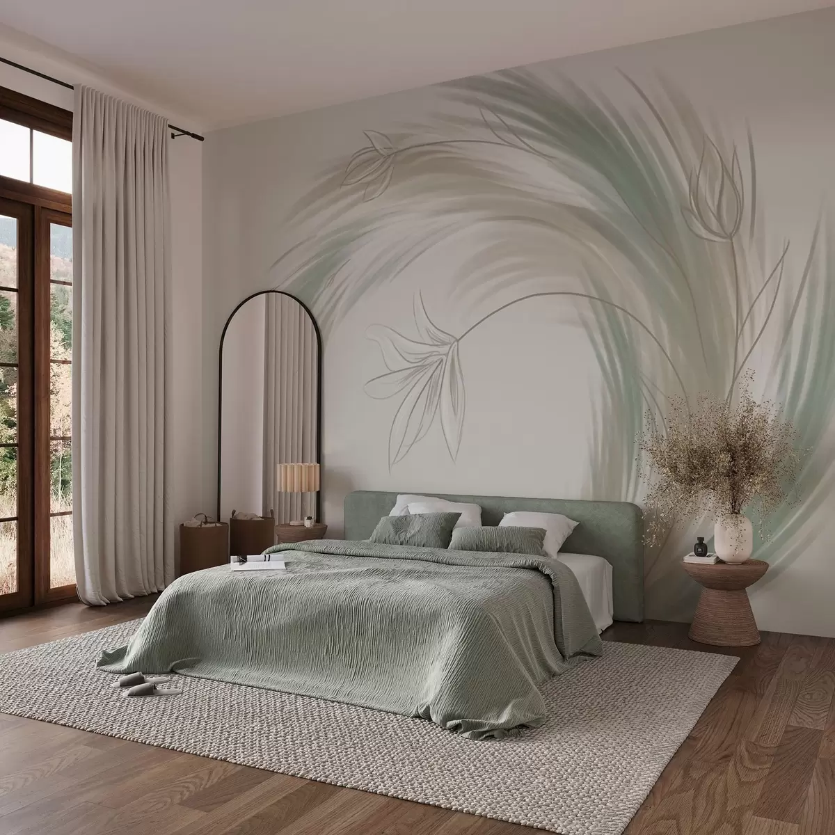 wall murals зелено и беж перје и цвеће, ручно осликано w04816