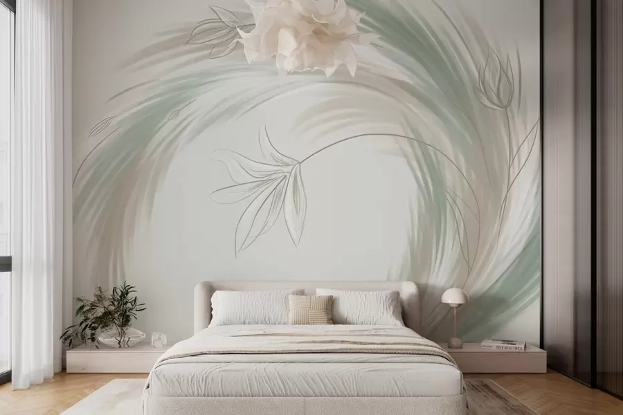 wall murals зелено и беж перје и цвеће, ручно осликано w04816