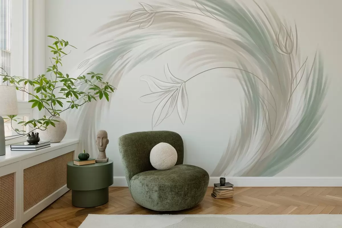 wall murals зелено и беж перје и цвеће, ручно осликано w04816