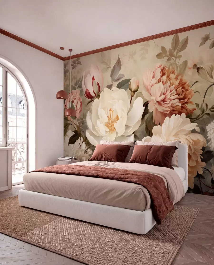 wall murals Нежни божури и хризантеме у пастелним нијансама w09350