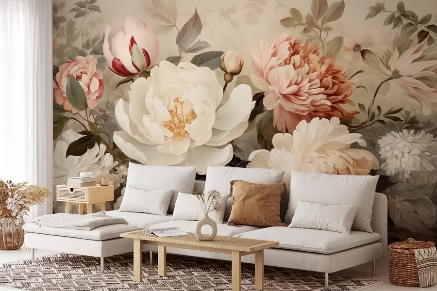 wall murals Нежни божури и хризантеме у пастелним нијансама w09350